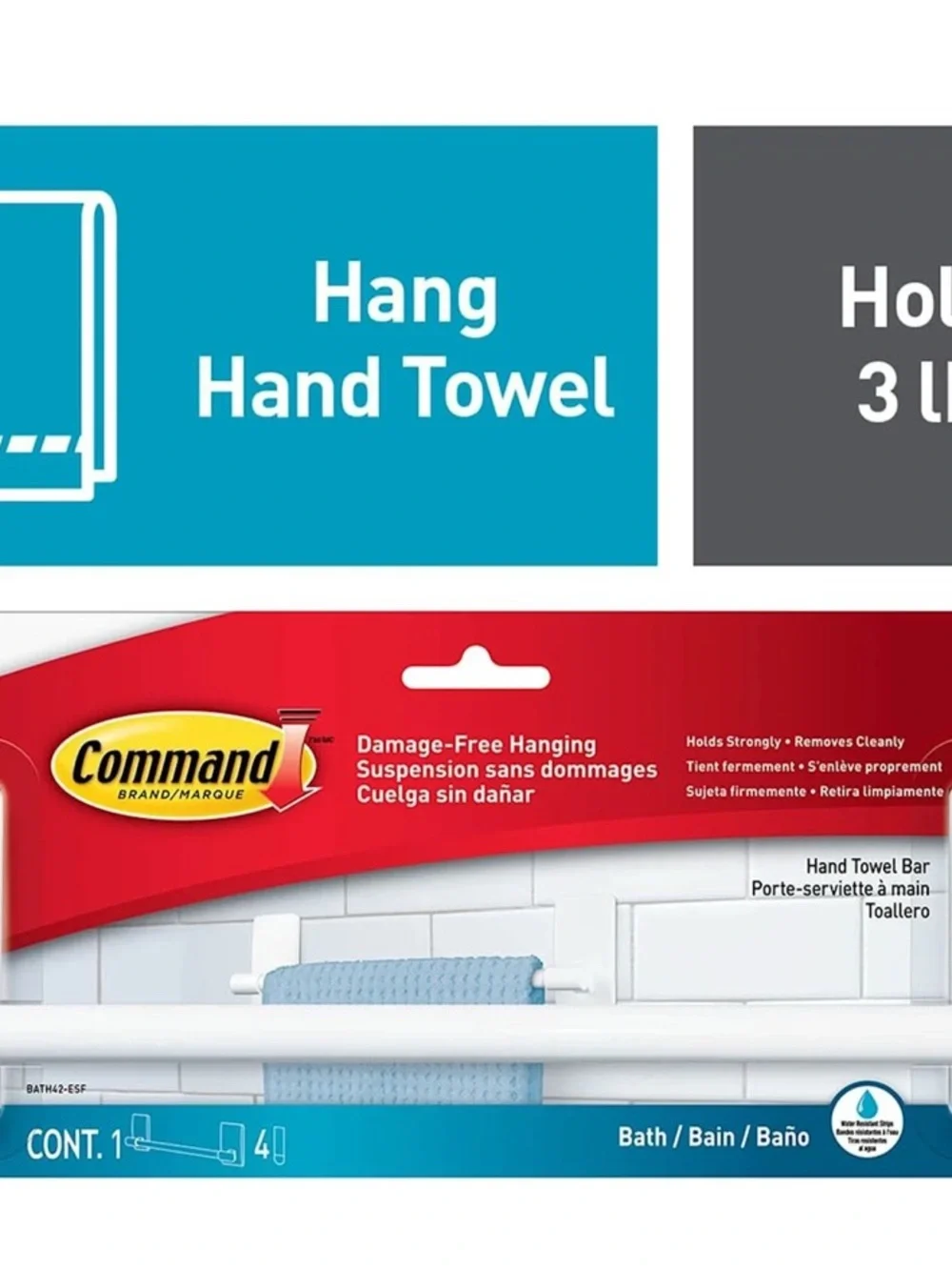 Command Bath Plastic Towel Bar, White Hand Towel Rack 3lb 4 Strips